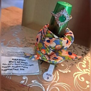 Rhodium Plated Green Agate Ring